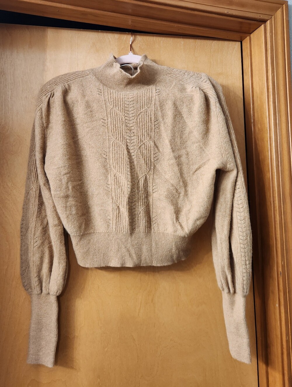 Anthropologie Tan Mock Neck Cable Knit Cashmere Sweater Size Small